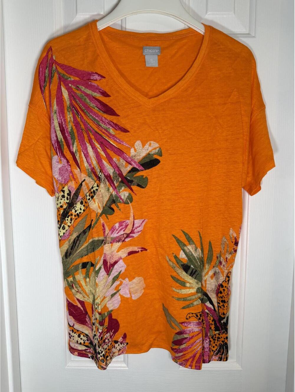 Chico’s Women’s Orange Short Sleeve Tee – Palm Leaf & Leopard Design, Size 0